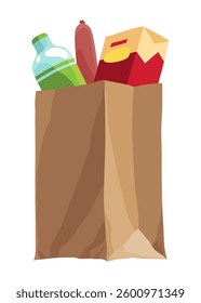 Paper shopping bag products grocery. Different food and beverage products, grocery shopping. Grocery supermarket. Fresh organic food and drinks. Grocery delivery concept