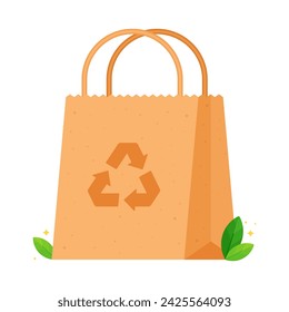 Una bolsa de papel con el símbolo de reciclaje en estilo de ilustración vectorial plana, que representa los conceptos de consumismo sostenible, reducción de residuos y responsabilidad ambiental