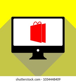 Paper shopping bag with rope handles icon. Recycle. Package. Vector. Red icon on white monitor of black all-in-one desktop computer with two shadows at yellow background.