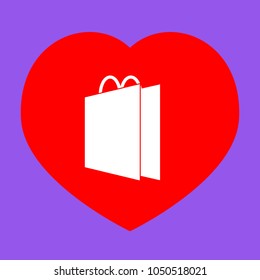 Paper shopping bag with rope handles icon. Recycle. Package. Vector. White icon in red heart at lavender background.