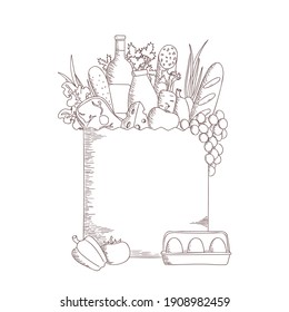 Paper shopping bag in sketch. Grocery bag with fresh vegetables, fruits, bread and wine. Supermarket,  delivery, food shopping. Vector illustration.