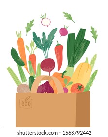 Paper shopping bag with vegetables for eco friendly living. Vegan zero waste concept. Colorful hand drawn vector illustration design for banner, card, poster. Say NO to plastic