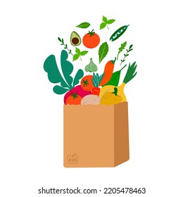 Paper shopping bag with vegetables for eco friendly living. Vegan zero waste concept. Colorful hand drawn vector illustration design for banner, card, poster. Say NO to plastic
