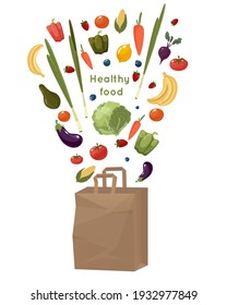 Paper shopping bag with vegetables and fruits isolated on white background. Vector cartoon illustration of a recyclable paper bag, with fresh food, fruits and vegetables shopping at local markets