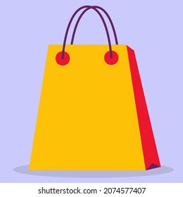 The paper shopping bag is yellow, empty. The icon of a flat shopping bag. Shopping.