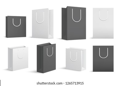 Paper shopping bags. Black white blank  package. Close up shopping bag vector mockups