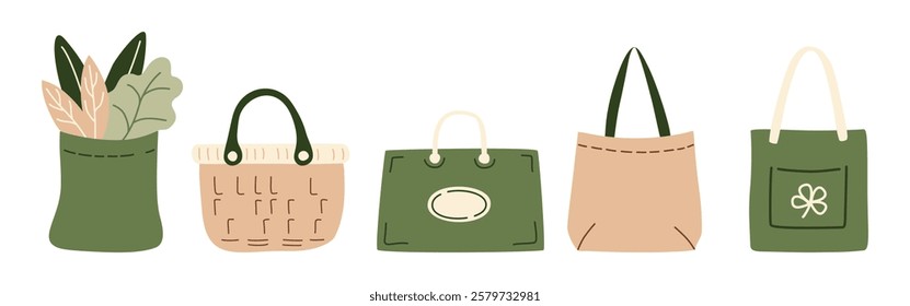 Paper shopping bags filled grocery products from supermarket or farmer market. Vegetables, greens and zero-waste textile packaging for eco-friendly design. Vector illustration in organic flat style.