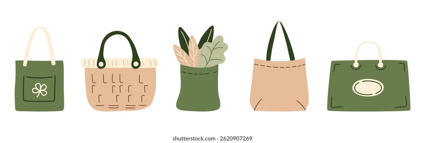 Paper shopping bags filled with grocery products from a supermarket or farmer market, zero-waste textile packaging, vegetables, and greens for eco-friendly design. Vector illustration in organic flat