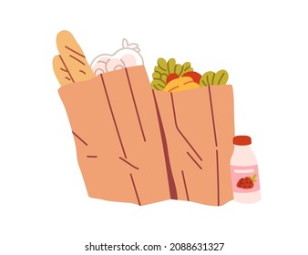 Paper shopping bags full of groceries. Fresh healthy eating in packs. Vegetables and baguettes in craft packages. Retail store delivery. Flat vector illustration isolated on white background