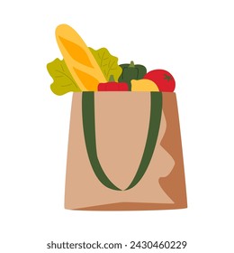 Paper shopping bags full of groceries. Fresh healthy eating in packs. Vegetables and baguettes in craft packages. Retail store delivery. Flat vector illustration isolated on white background