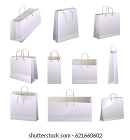 Paper shopping bags with handles collections on white. Vector poster