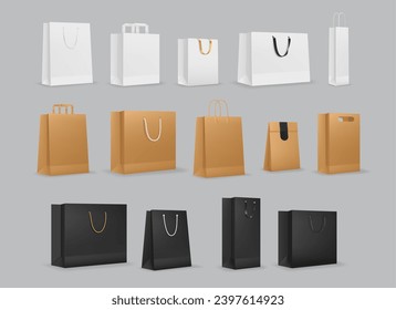 Bolsas de venta de papel con mangos vectoriales. Paquete de cartón de la tienda, venta de boutique o descuento de la tienda compra paquetes de lujo blancos, marrones y negros con mangos de cinta maquillaje 3d vectorial realista