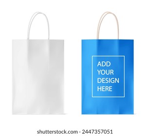 Paper shopping bags Mockup. Blue and White packaging with rope handles for supermarket or grocery store. Branding Design template isolated on white. Vector illustration.