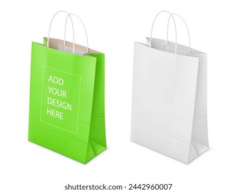 Paper shopping bags Mockup. Green and White packaging with rope handles for supermarket or grocery store. Branding Design template isolated on white. Vector illustration.