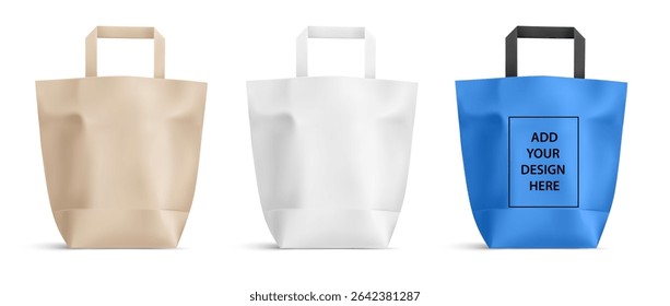 Paper shopping bags Mockup. Kraft paper, Blue and White packaging with handles for supermarket or grocery store. Branding Design template isolated on white. Vector illustration.