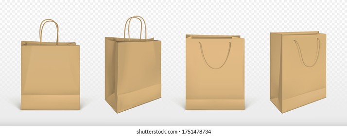 Paper shopping bags, mockup, square blank ecological packages with jute rope handles pack mock up for branding and corporate identity design isolated on transparent background, Realistic 3d vector set