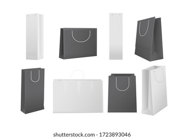 Bolsas de papel para comprar. Bolsas de cartón blanco y negro realistas, aisladas, listas para la marca y el diseño. Consumo minorista, publicidad y promoción ilustraciones vectoriales.