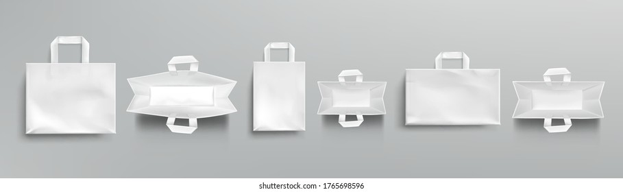 Paper shopping bags top and front view mockup, white packages with handles, blank rectangular ecological gift pack, isolated mock up for branding and corporate identity design, Realistic 3d vector set