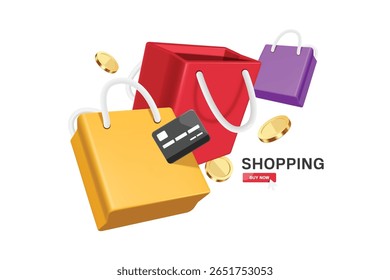 paper shopping bags: yellow, red, purple, gold coins, credit card, all floating in mid-air for online shopping banner and promotion advertising design, vector 3d isolated on white background