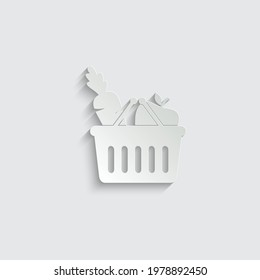 paper Shopping cart with carrot and apple icon. diet vector symbol healthy food 