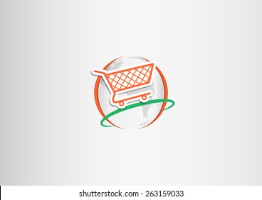 Paper shopping cart flying around the paper planet Earth