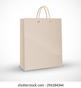 Paper shopping package. Business illustration with a shopping bag on the subject of in-store discounts and sales. Light brown package on a light background.