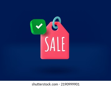 Etiqueta de compra de papel con icono de marca de verificación. 3.ª ilustración vectorial