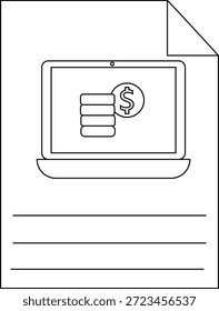 Papel que muestra una pantalla de computadora portátil que muestra monedas apiladas con un signo de dólar y líneas para escribir