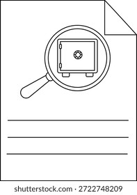 Un papel muestra una caja fuerte bajo una lupa sobre 3 líneas para texto