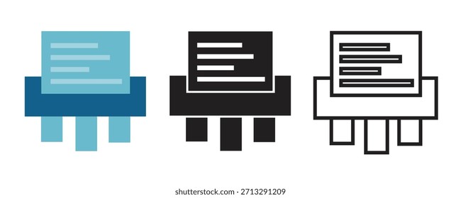 Icono de trituradora de papel en estilos planos, sólidos y de contorno. símbolo de la máquina de destrucción de documentos para temas de seguridad, privacidad, administración de oficinas y protección de datos.
