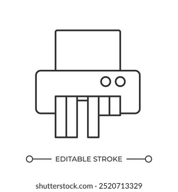 Icono lineal de la trituradora de papel. Equipo de oficina. Deseche el documento confidencial. Dispositivo de oficina. Papeleo. Ilustración de línea delgada. Símbolo de contorno. Dibujo de contorno de Vector. Trazo editable
