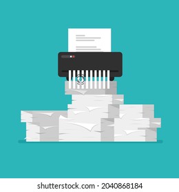 Paper shredder machine icon. Broken or torn confidential and private document. Hand holds contract. Papers heap. Vector Illustration.