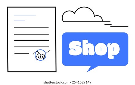 Paper with signature alongside a blue speech bubble reading Shop, and a stylized cloud. Ideal for business, contracts, e-commerce, online shopping, and customer service. Minimalistic vector design