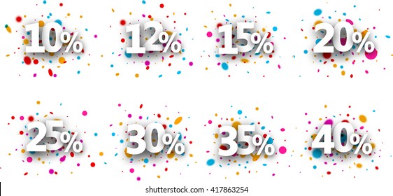 Paper signs set with numbers and percent. Vector illustration.
