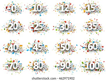 Paper signs set with numbers, percent and confetti. Vector illustration.