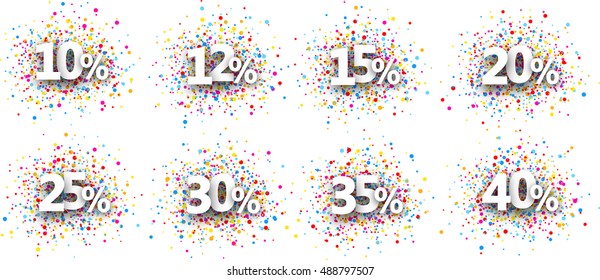 Paper signs set with numbers and percent. Vector illustration.