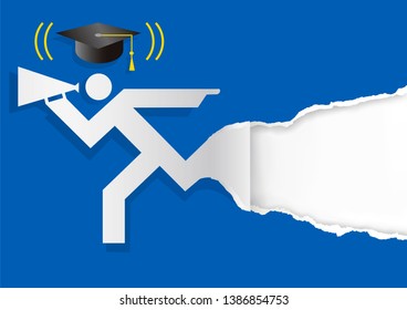 Paper silhouette of graduate with megaphone and ripped paper,invitation template.
Illustration of blue  paper background with male silhouette with and graduate hat. Place for your text or image. Vecto