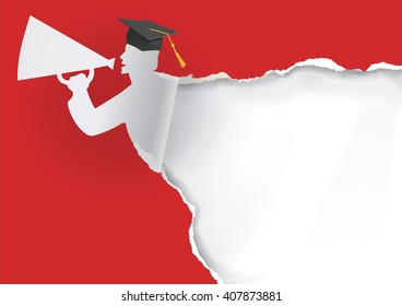 Paper silhouette of graduate.
Paper silhouette of graduate young man with megaphone ripping paper with place for your text or image. Vector available.
