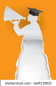 Paper silhouette of graduate,invitation card template.
 Paper stylized silhouette of graduate young man with megaphone ripping orange paper.Place for your text or image. Vector available.