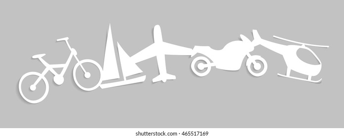 Paper silhouettes of bike, yacht, plane, motorcycle and helicopter