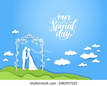 Paper silhouettes of bride and groom. Wedding ceremony card. Paper cut and craft style. Loving couple on holiday background. Vector consept illustration.