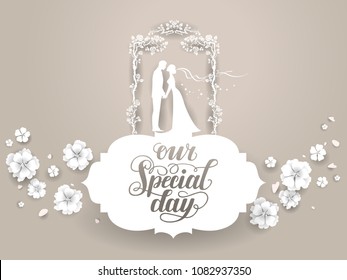 Paper silhouettes of bride and groom. Wedding ceremony card. Paper cut and craft style. Loving couple on holiday background. Vector consept illustration.