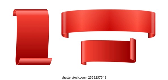 Paper or silk ribbons collection, isolated banners for sale in form of scroll. Vector badges and labels for message or announcement, horizontal and vertical advertisement for new product