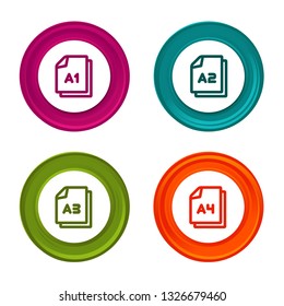 Paper size A1 A2 A3 A4 icons. Document symbol. Colorful web button with icon.