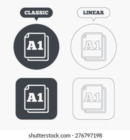 Paper size A1 standard icon. File document symbol. Classic and line web buttons. Circles and squares. Vector