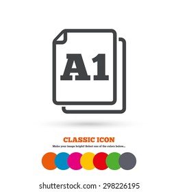 Paper size A1 standard icon. File document symbol. Classic flat icon. Colored circles. Vector