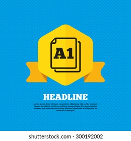Paper size A1 standard icon. File document symbol. Yellow label tag. Circles seamless pattern on back. Vector