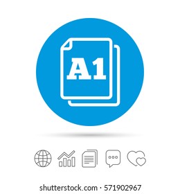 Paper size A1 standard icon. File document symbol. Copy files, chat speech bubble and chart web icons. Vector