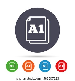 Paper size A1 standard icon. File document symbol. Round colourful buttons with flat icons. Vector
