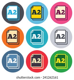 Paper size A2 standard icon. File document symbol. Colored round buttons. Flat design circle icons set. Vector